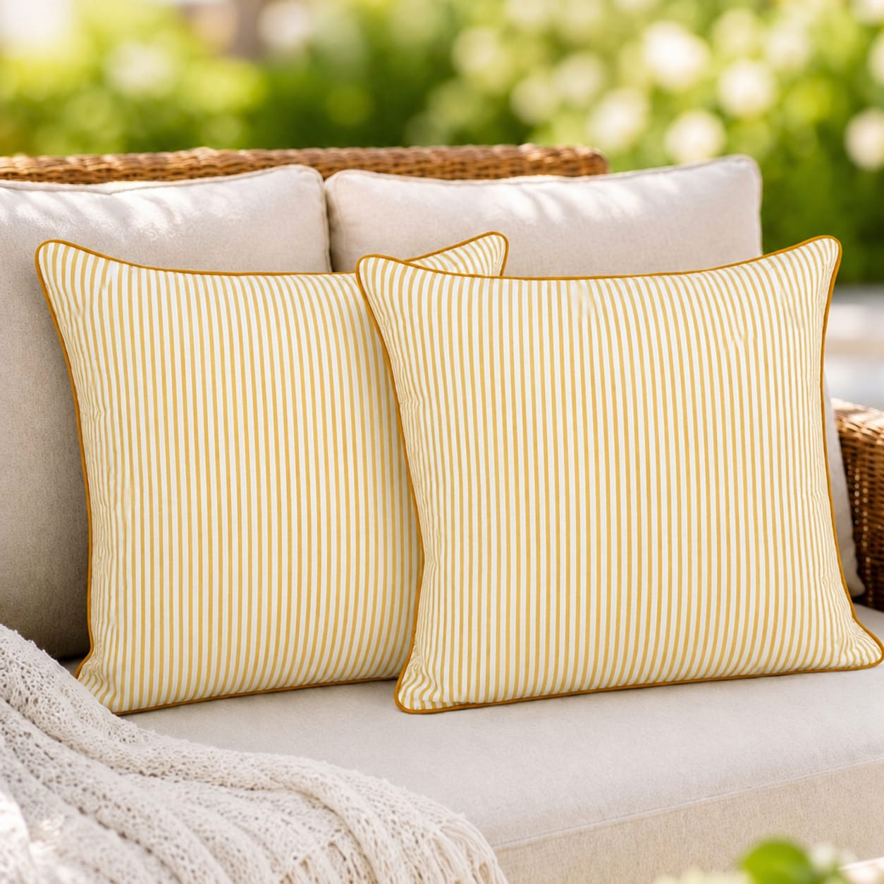 Saffron Yellow Striped Cotton Piping Pillow Cover RIDHI