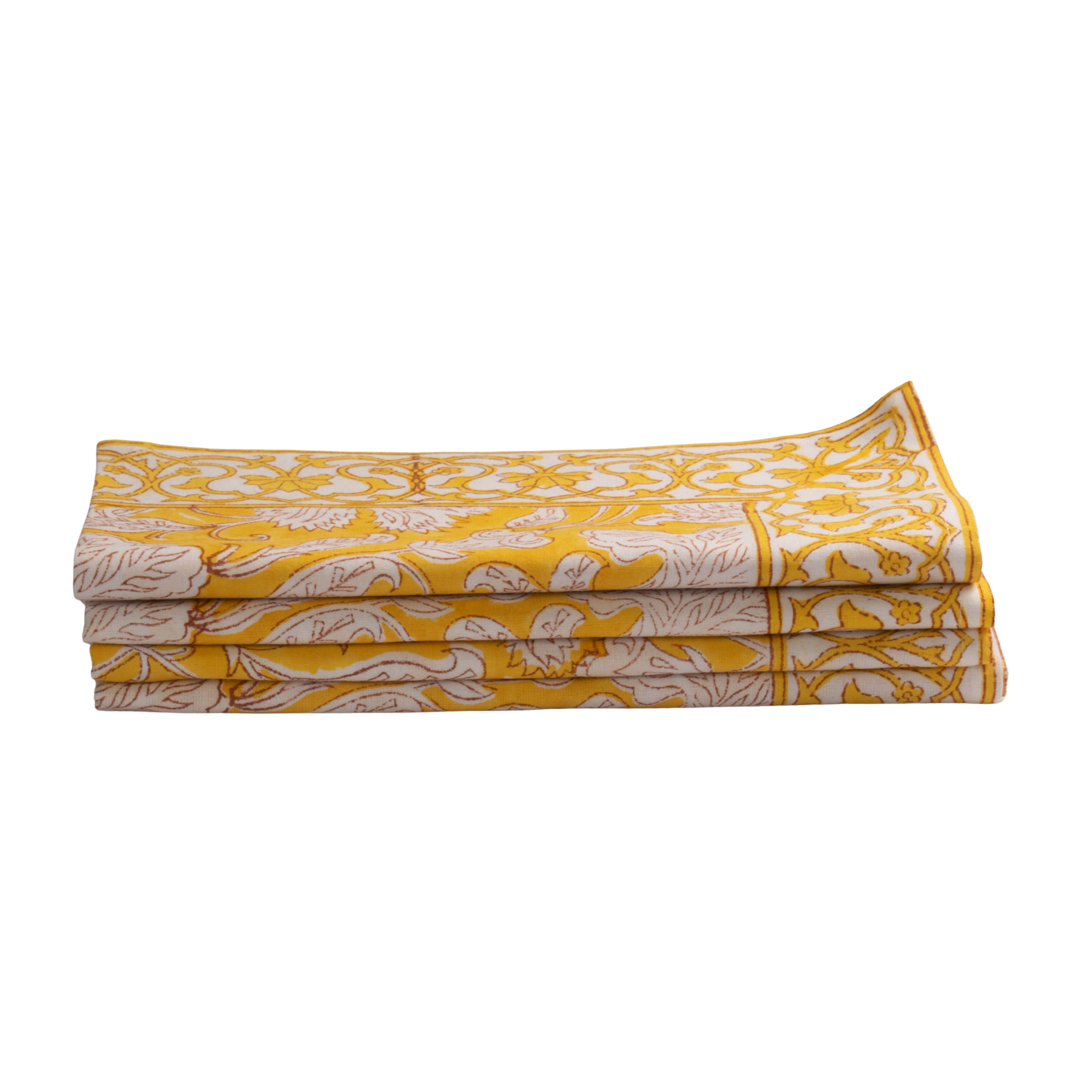 Folded yellow and white patterned fabric on a white background