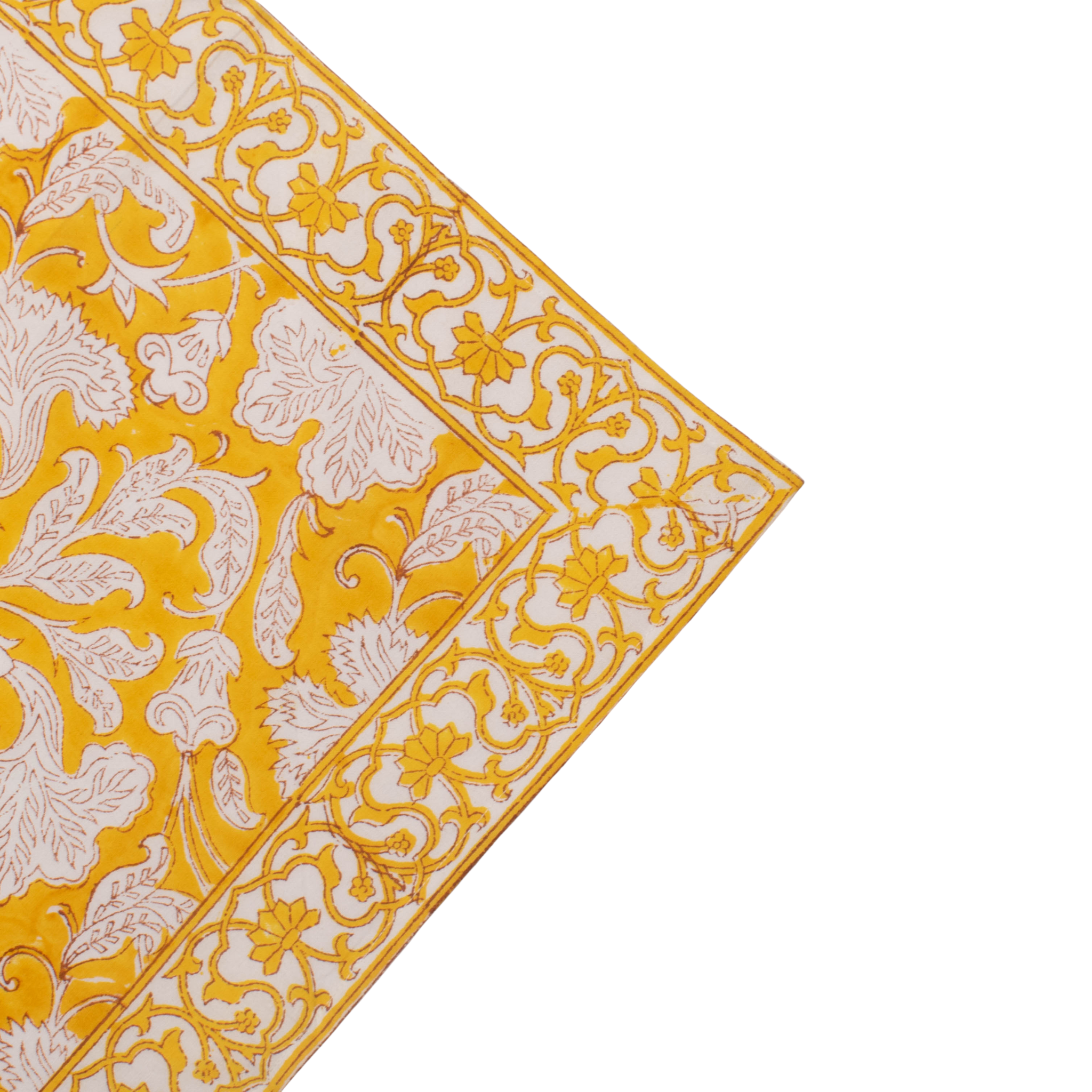 Decorative yellow and white patterned fabric on a white background