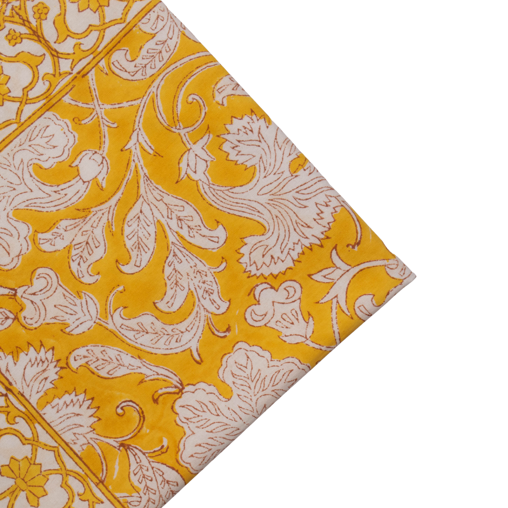 Yellow fabric with white floral pattern on a white background