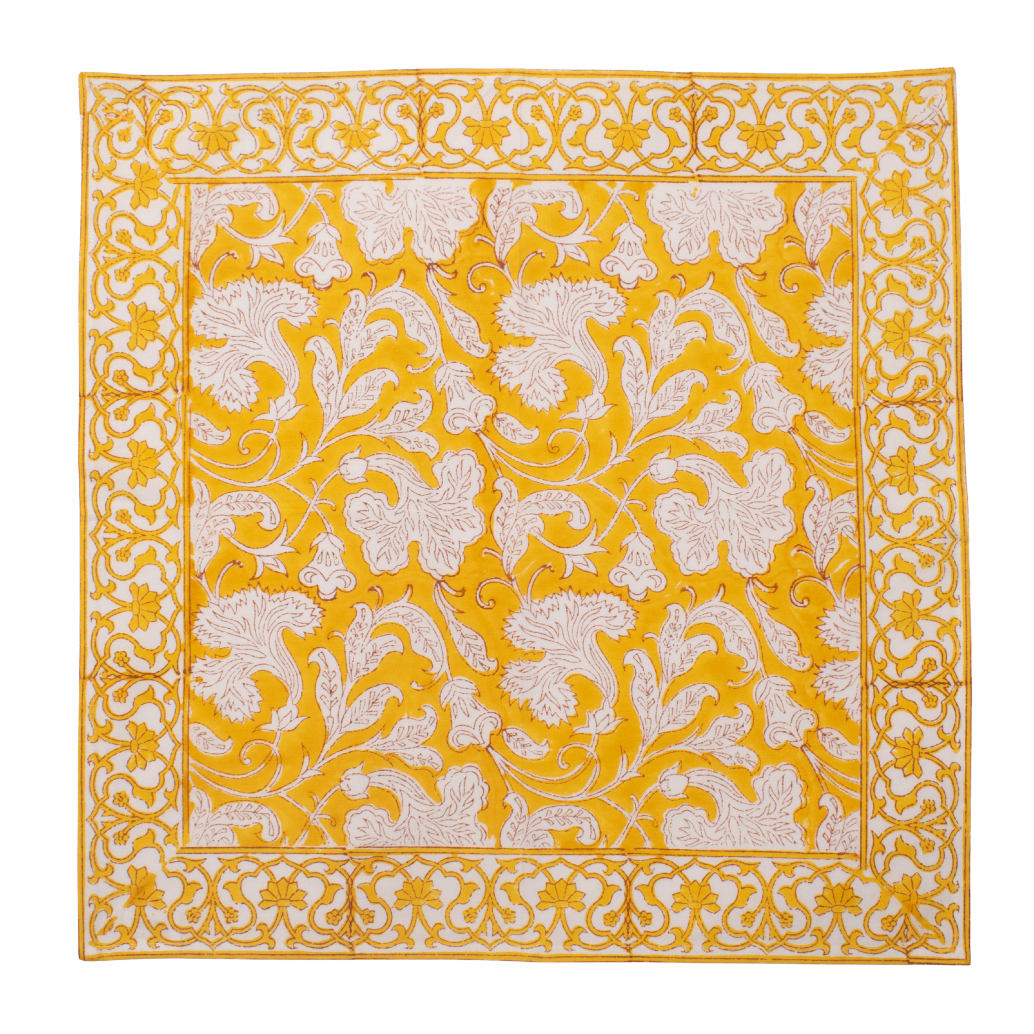 Decorative yellow and white patterned rug on a white background
