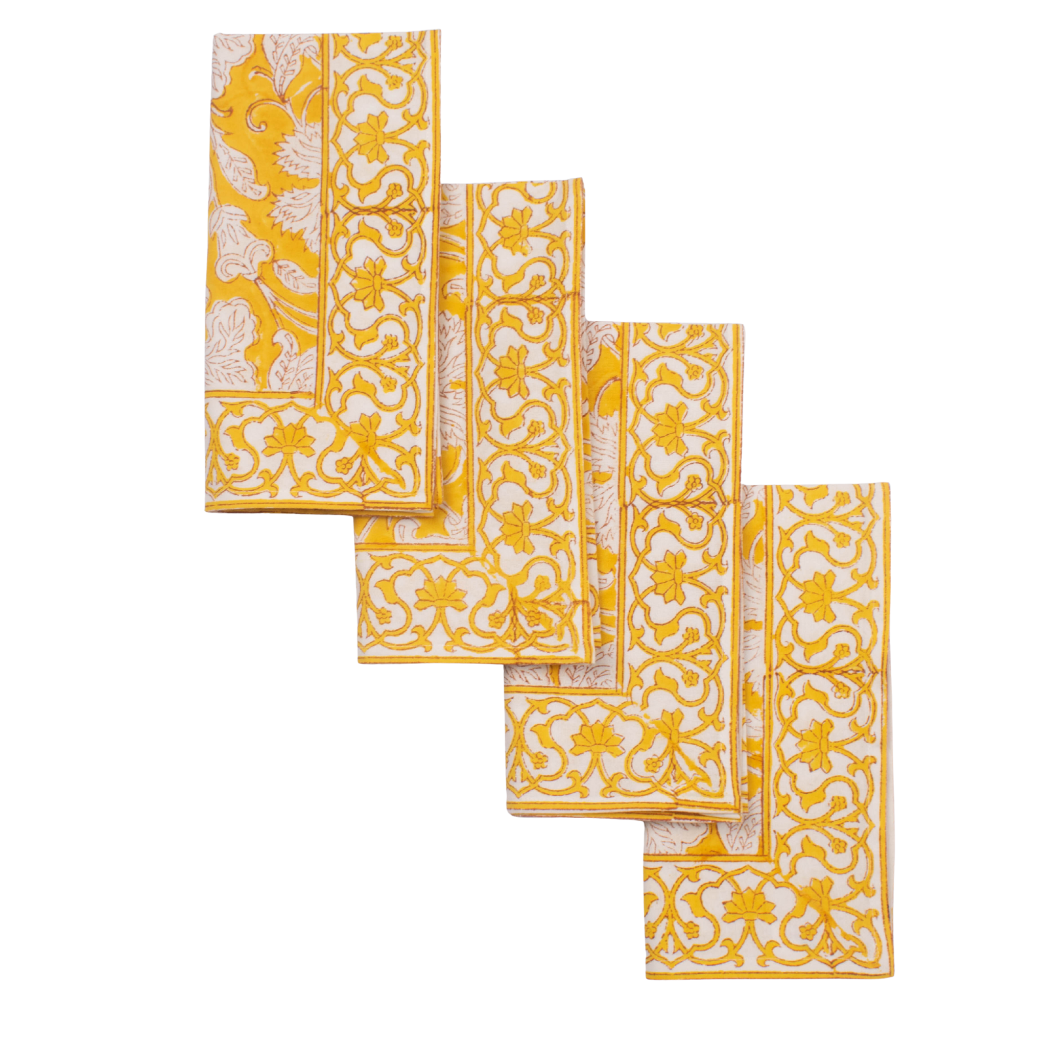 Set of yellow patterned napkins on a white background