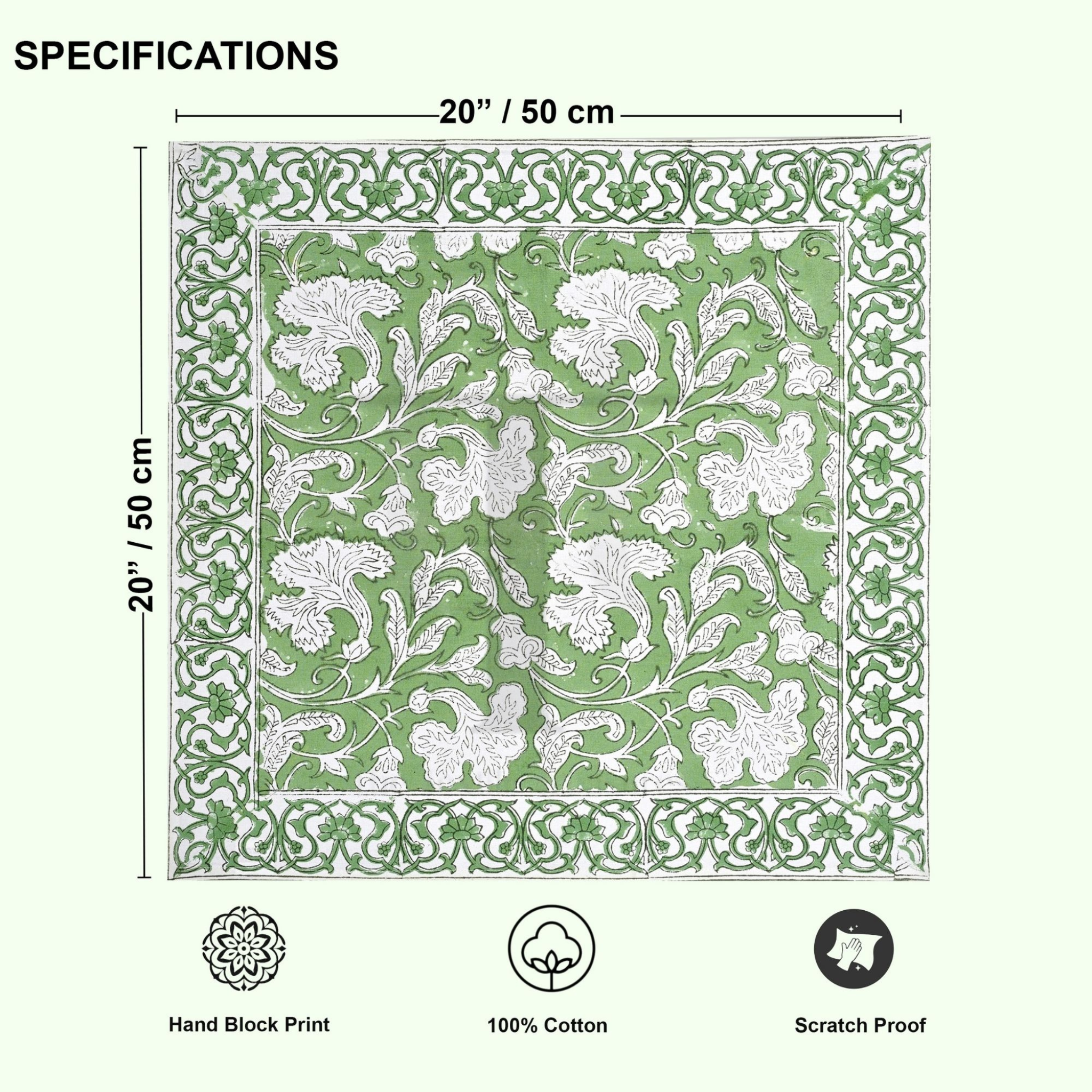 Green and white floral patterned fabric with dimensions and certification icons on a white background