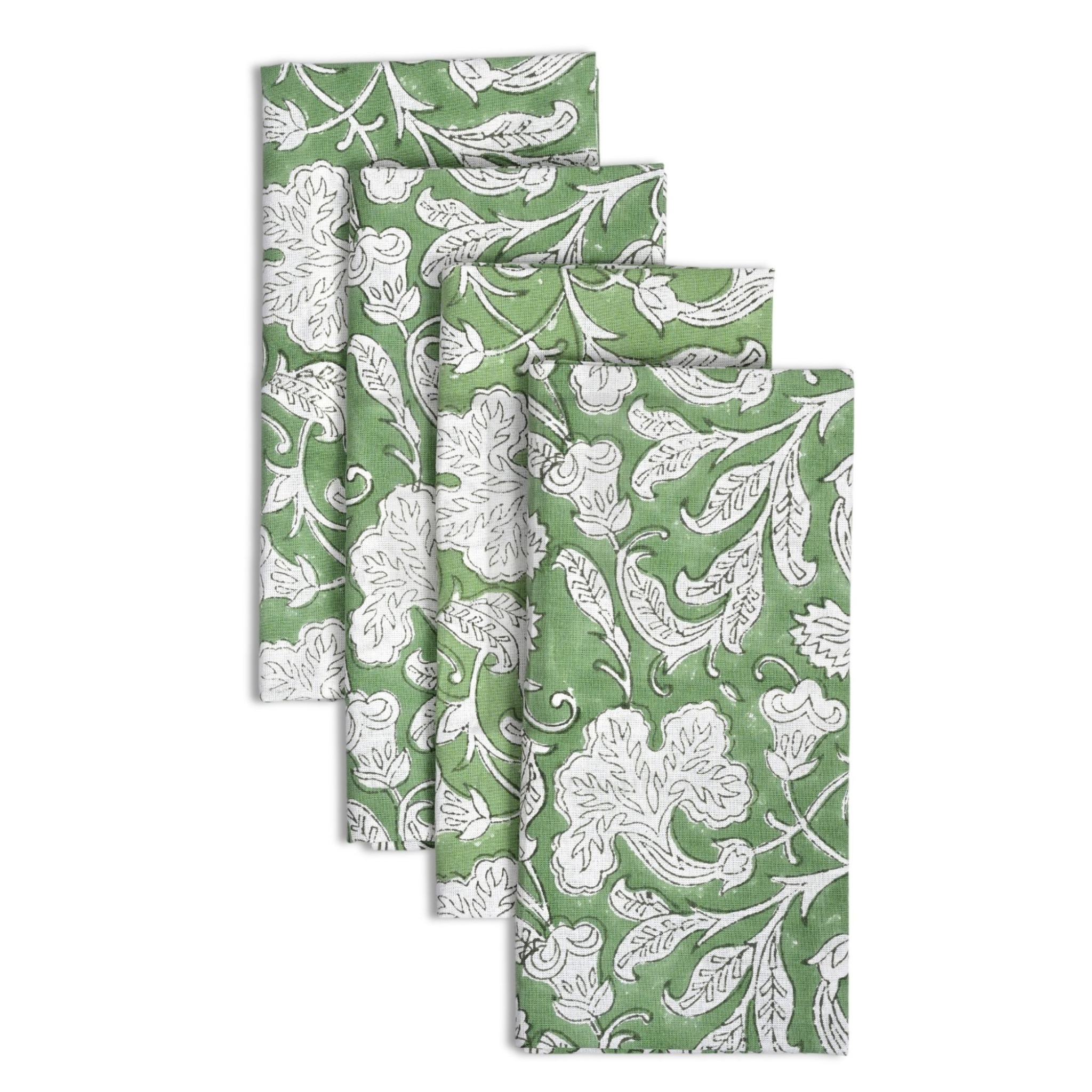 Set of three green and white floral patterned napkins on a white background