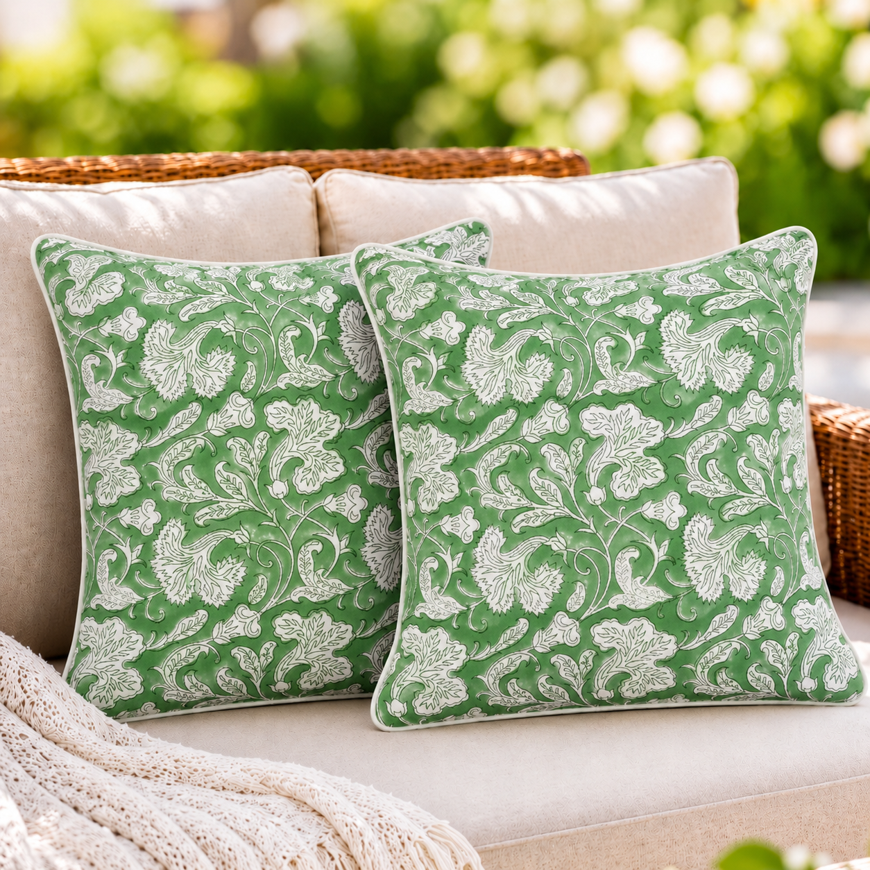 Sage Green Piping Pillow Cover Ridhi Block Print