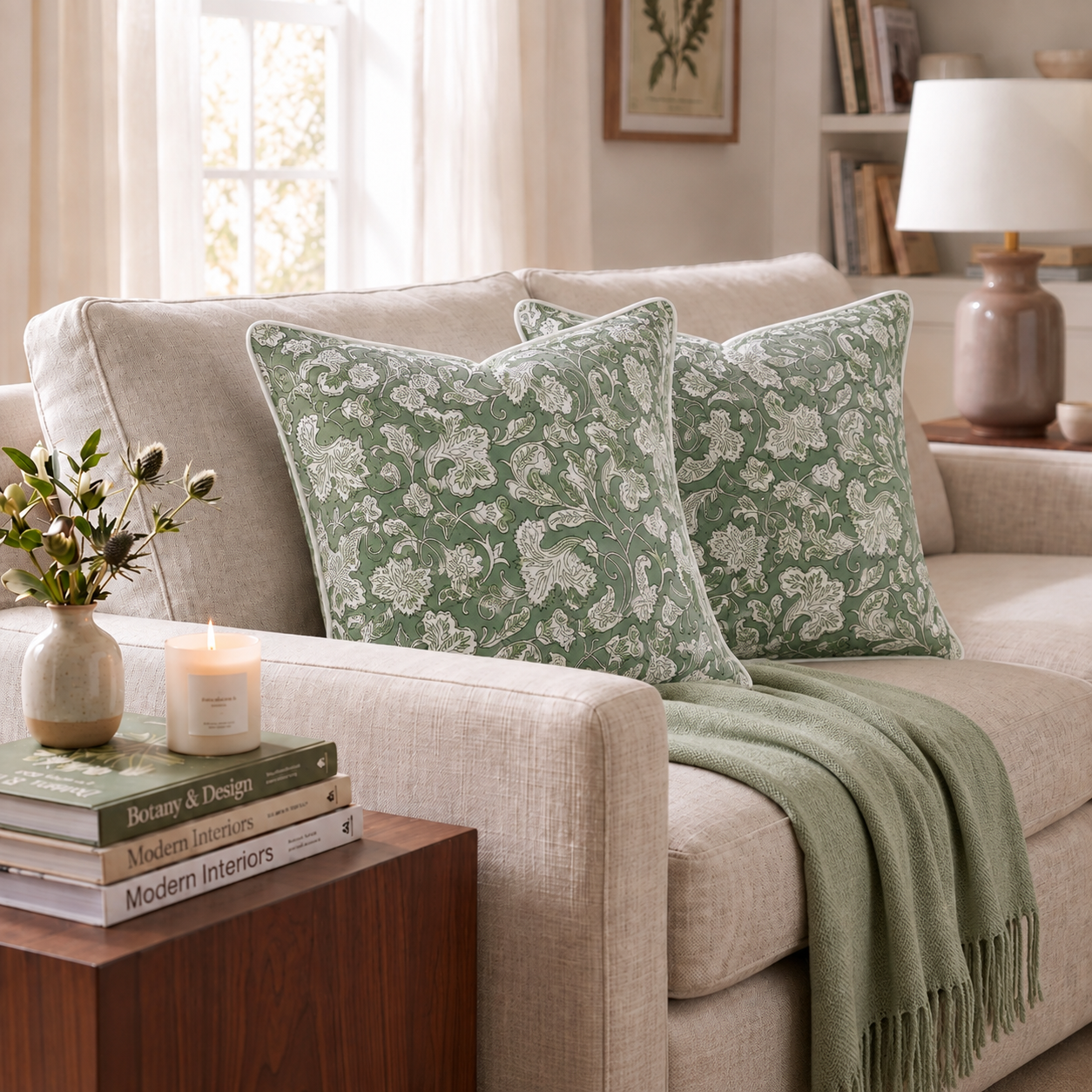 Sage Green Piping Pillow Cover Ridhi Block Print