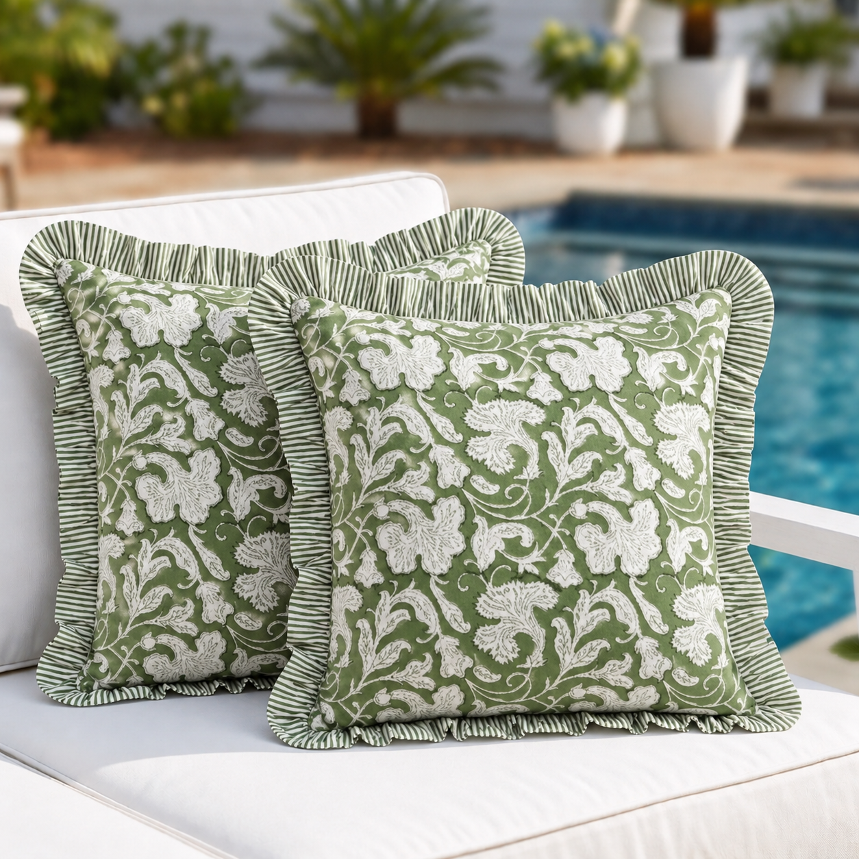 Sage Green Ruffle Pillow Cover Ridhi Block Print