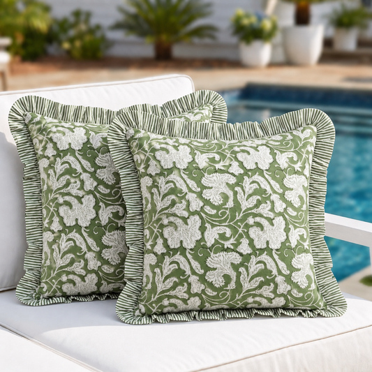 Sage Green Ruffle Pillow Cover Ridhi Block Print