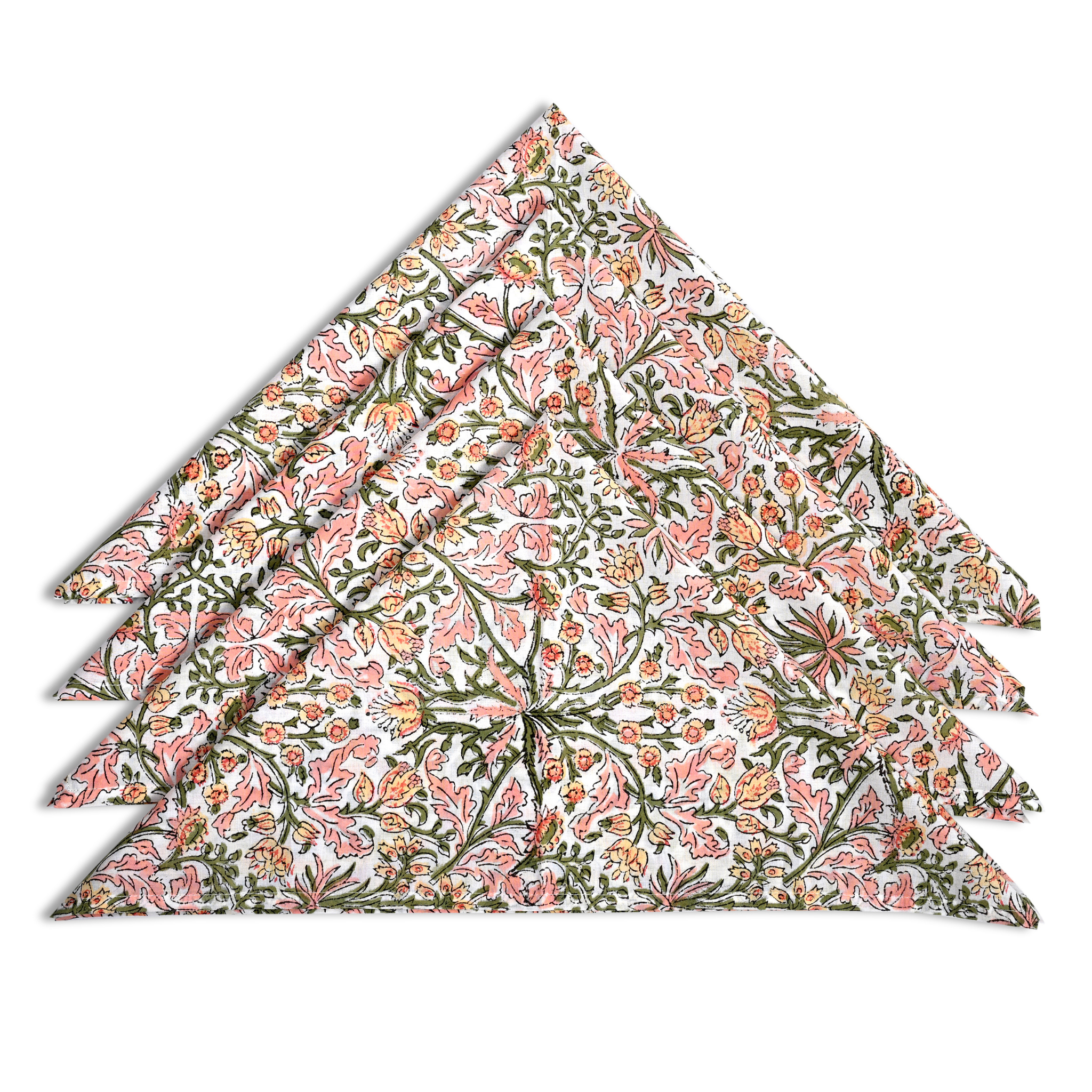 Floral patterned fabric folded into a triangle on a white background
