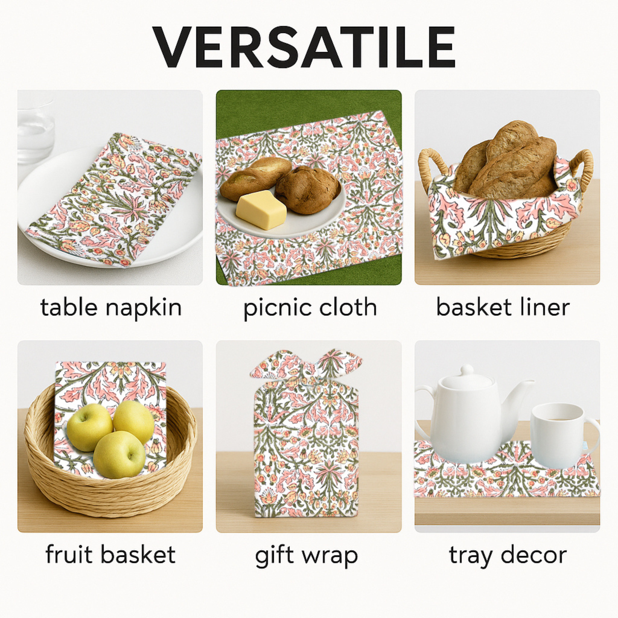 Versatile use of floral patterned table napkins, picnic cloth, basket liner, fruit basket, gift wrap, and tray decor.