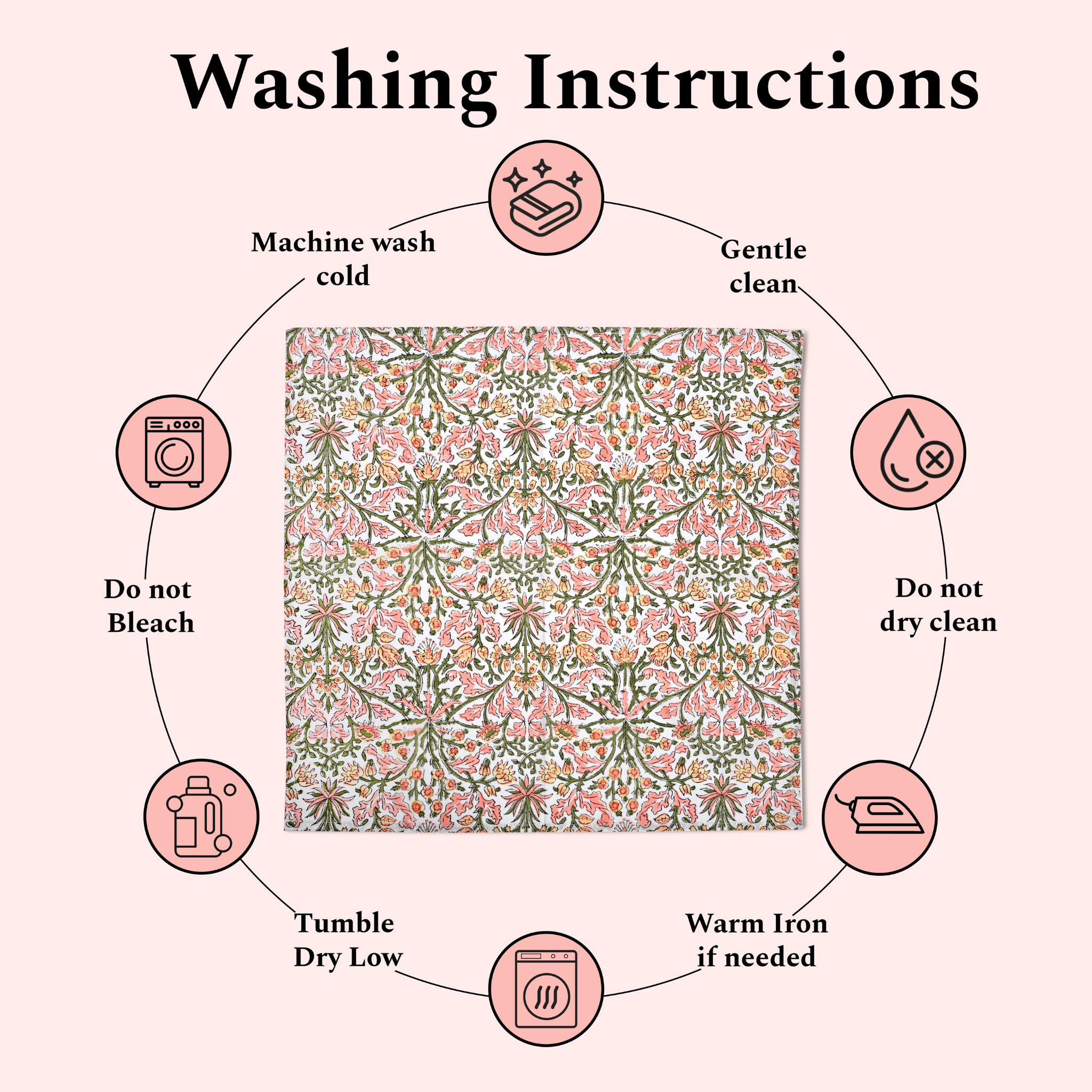 Washing instructions for a fabric with a floral pattern on a pink background