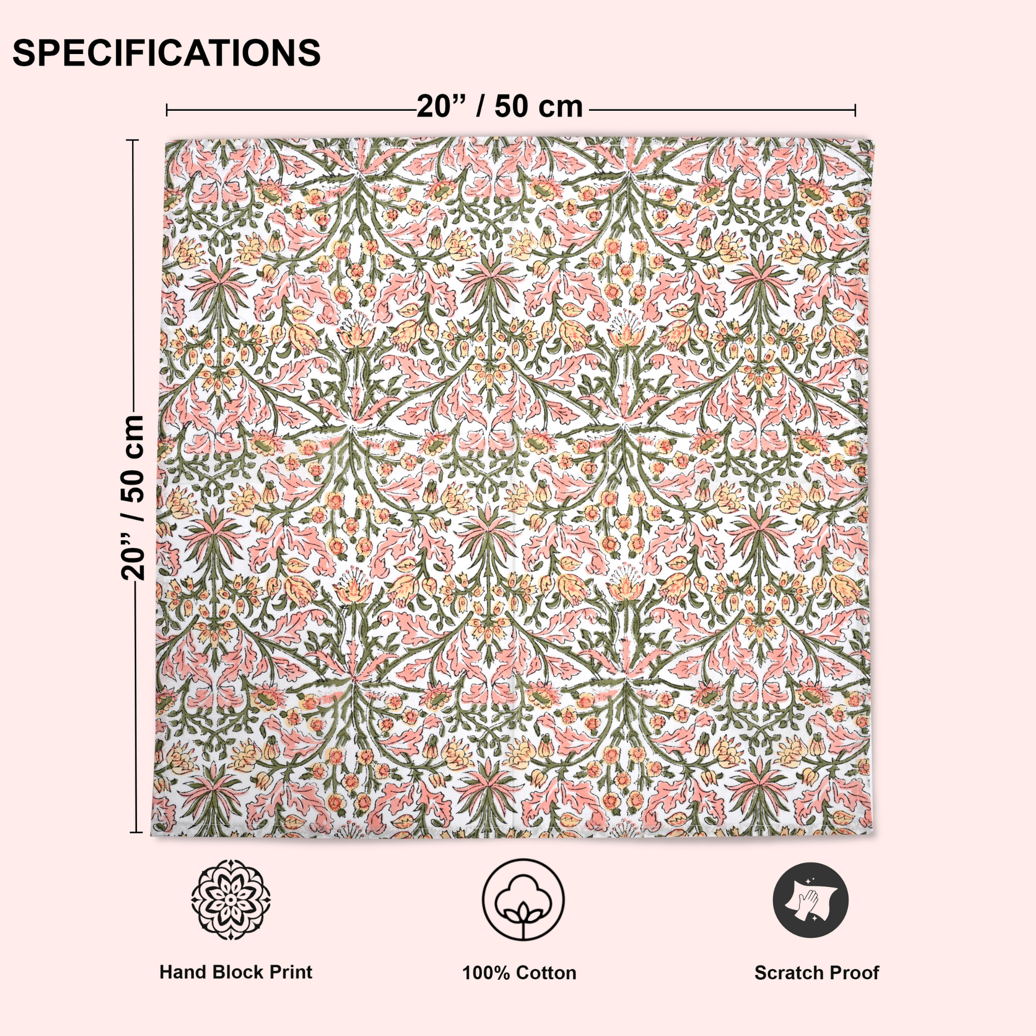 Floral patterned fabric with dimensions and certification icons on a pink background