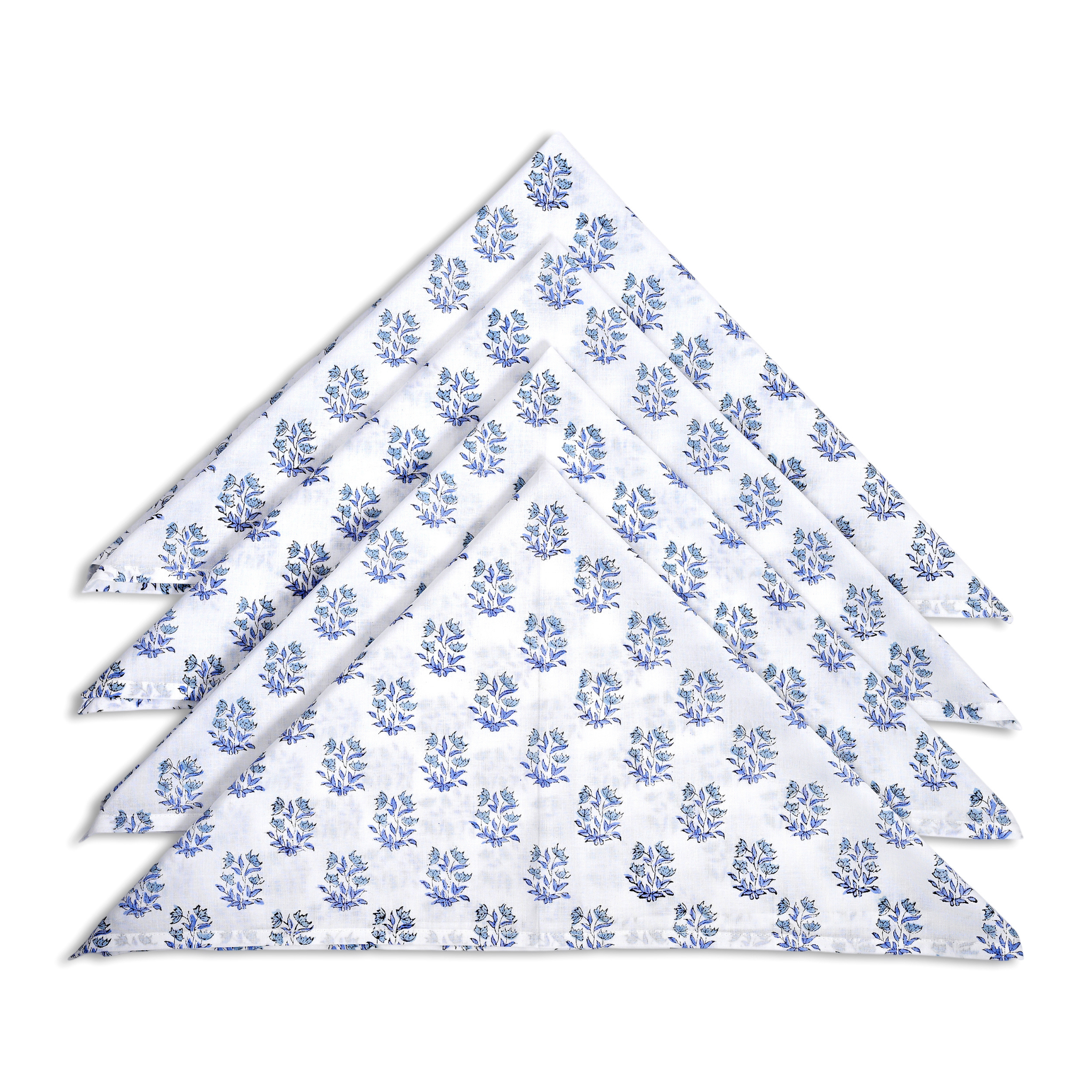 Set of four white napkins with blue floral pattern on a white background