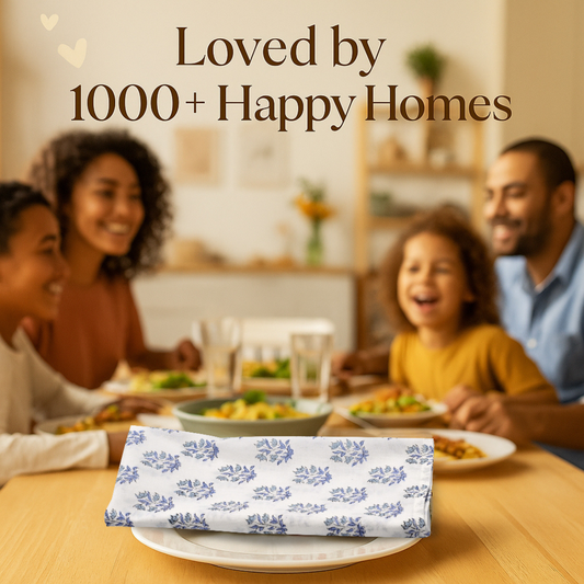 Family enjoying a meal together with a decorative napkin on a table.