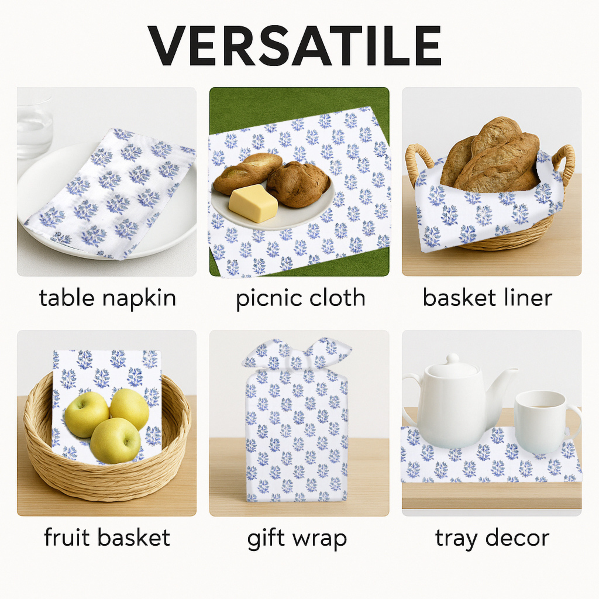 Versatile use of a tablecloth with various applications including a table napkin, picnic cloth, basket liner, fruit basket, gift wrap, and tray decor.