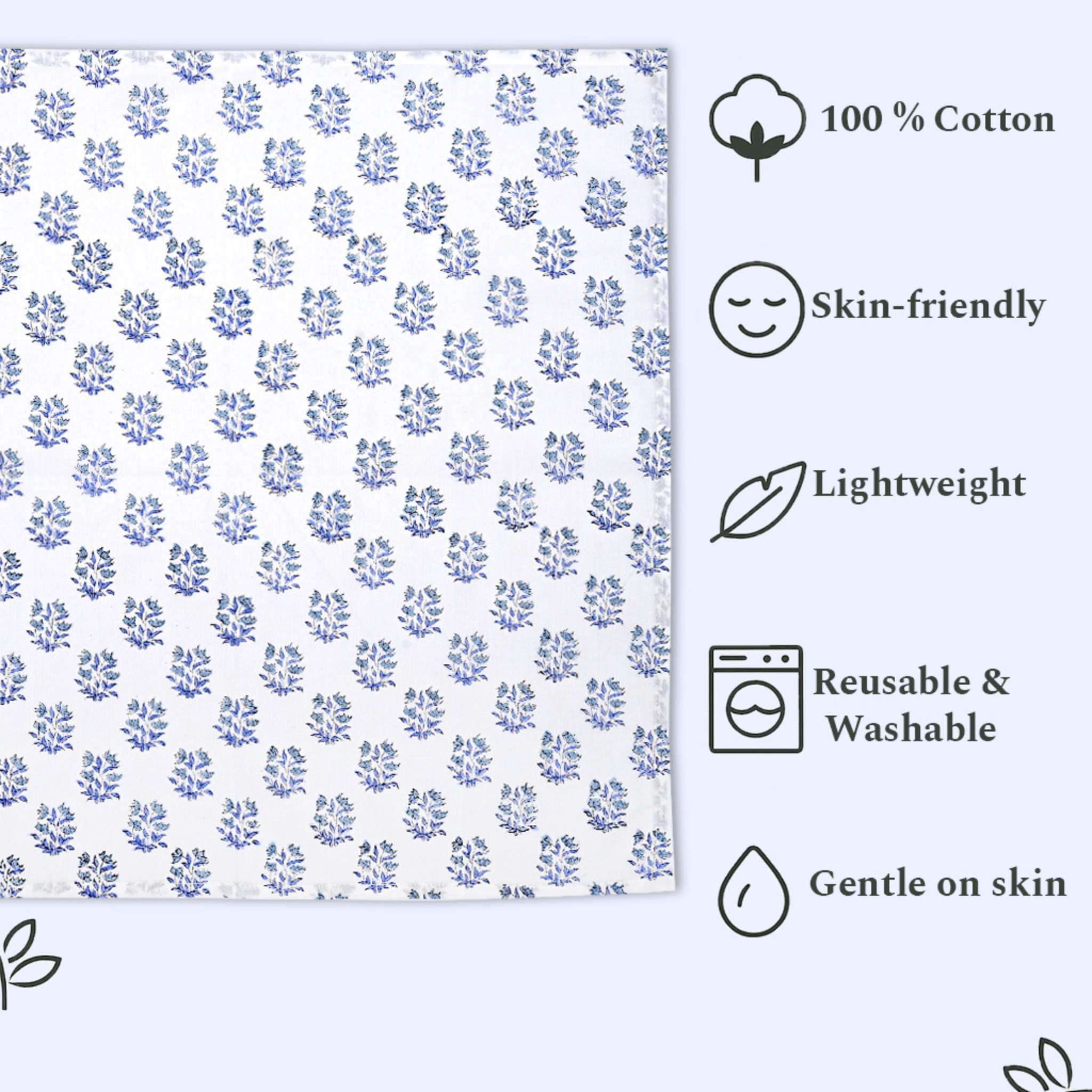 Cotton fabric with blue floral pattern and product features listed on a white background