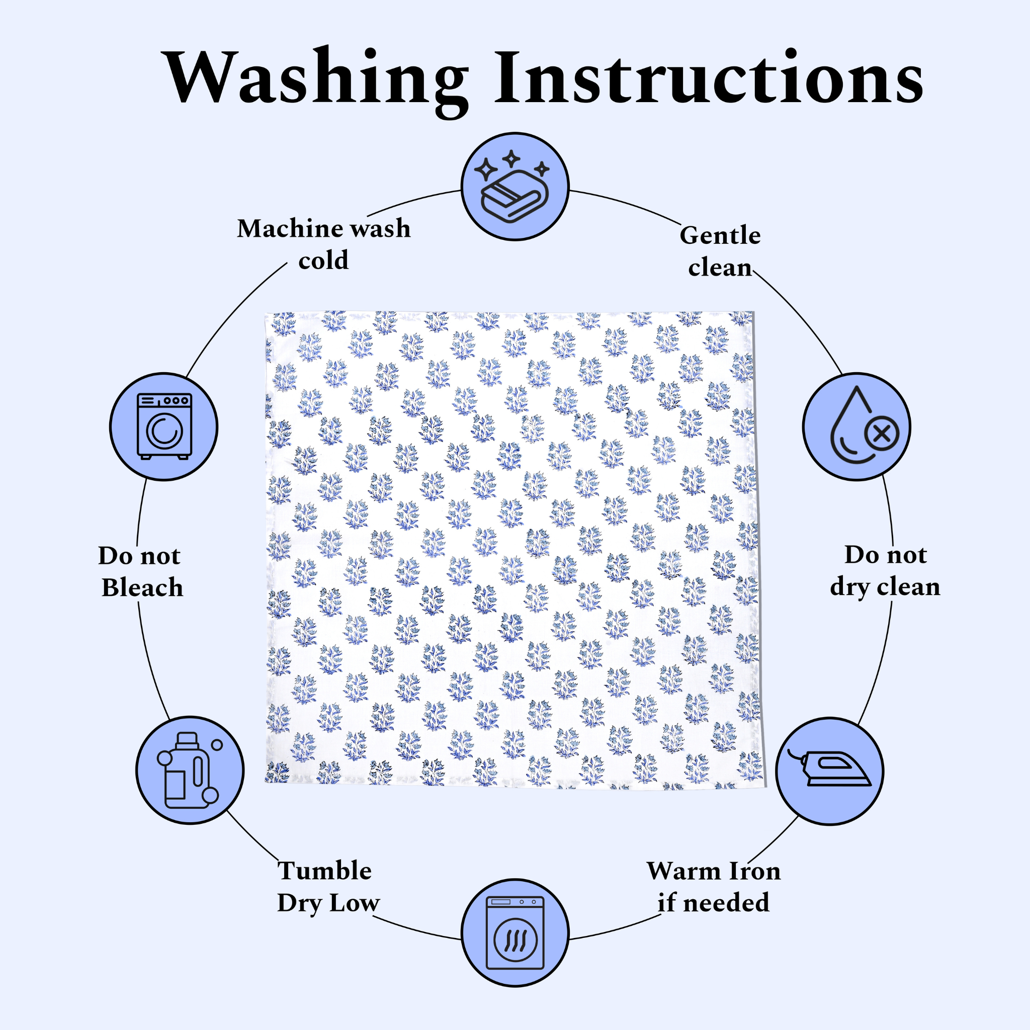 Washing instructions diagram with icons and text on a white background