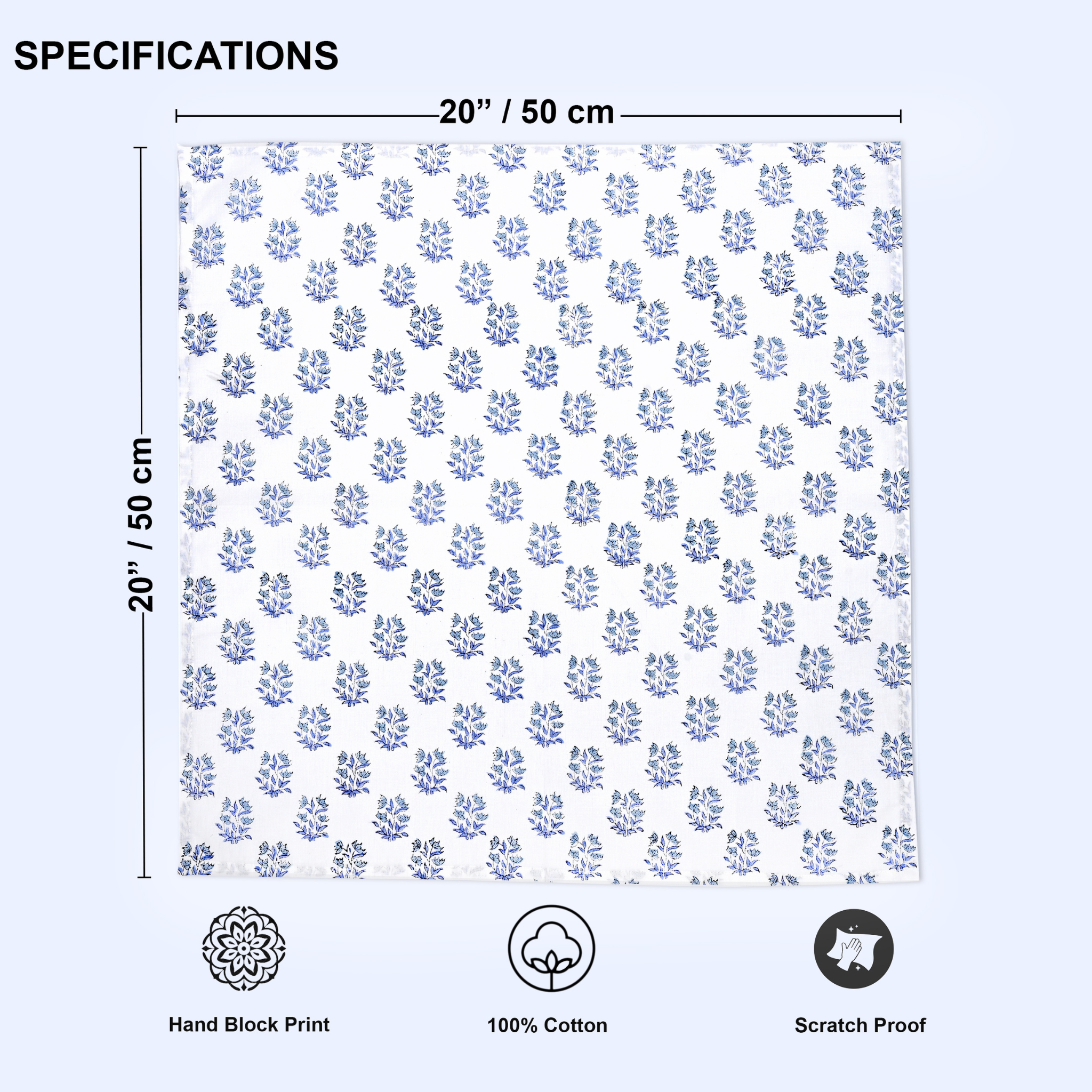 Patterned fabric with dimensions 20" x 50" and features of hand block print, 100% cotton, and scratch proof on a white background.