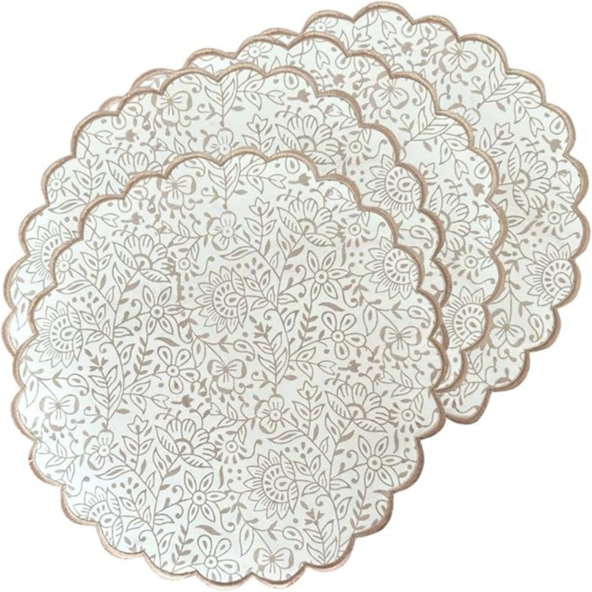 four taupe floral placemats on a white background