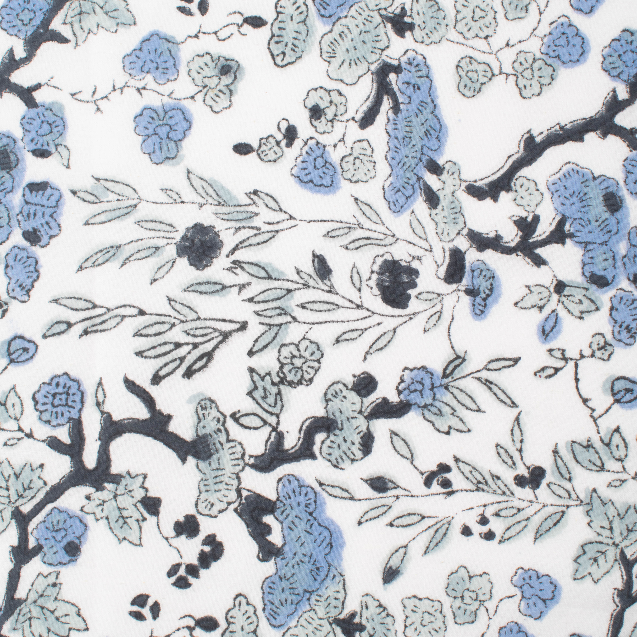 Floral pattern with blue, black, and green flowers on a white background