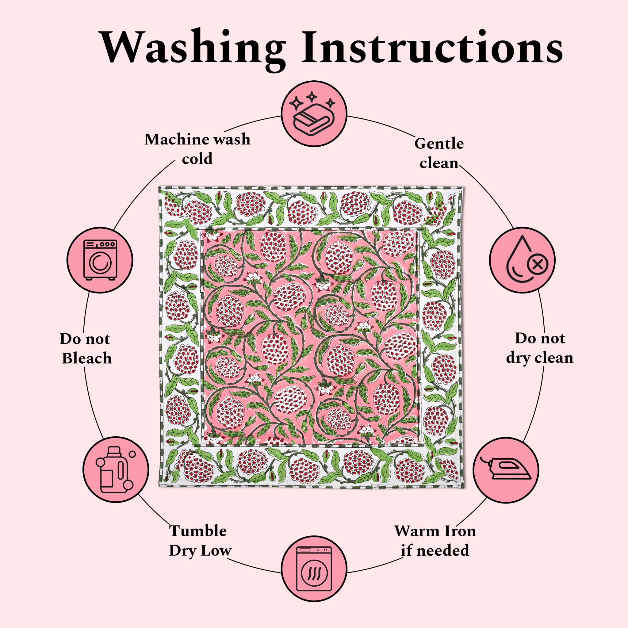 Washing instructions for a fabric with pink and green pattern on a white background