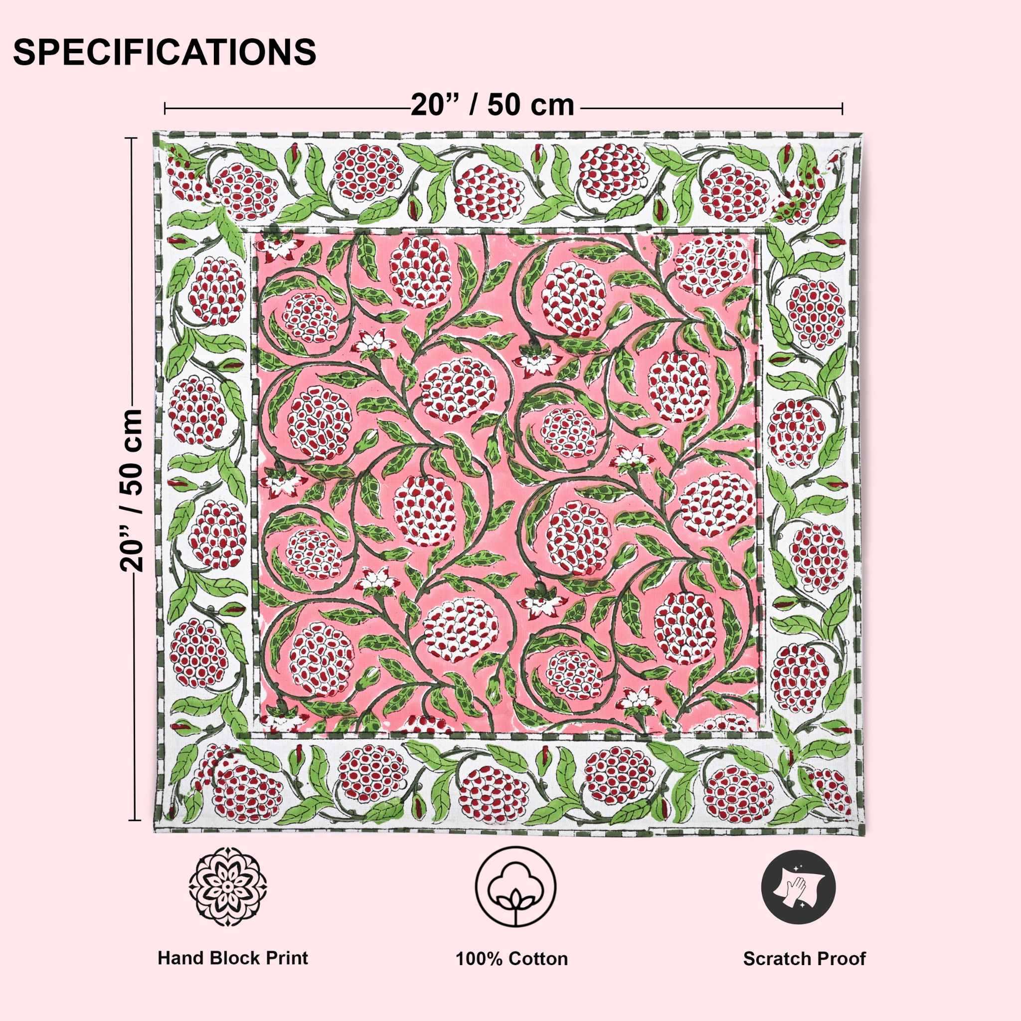 Patterned fabric with dimensions and product details on a pink background