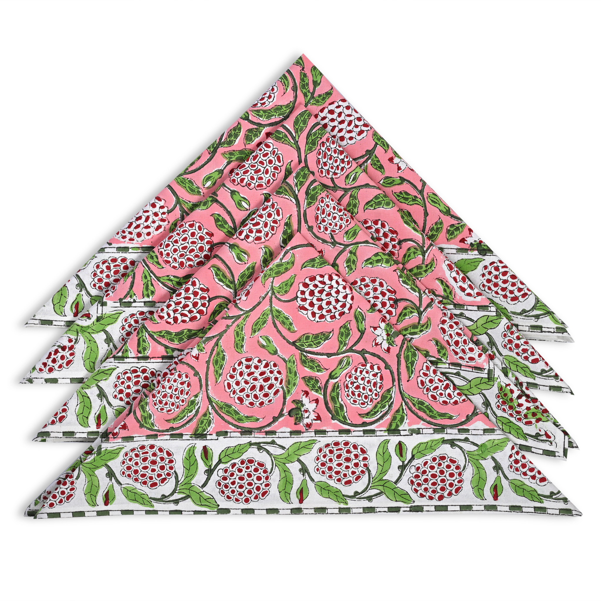 Set of triangular napkins with pomegranate pattern on a white background