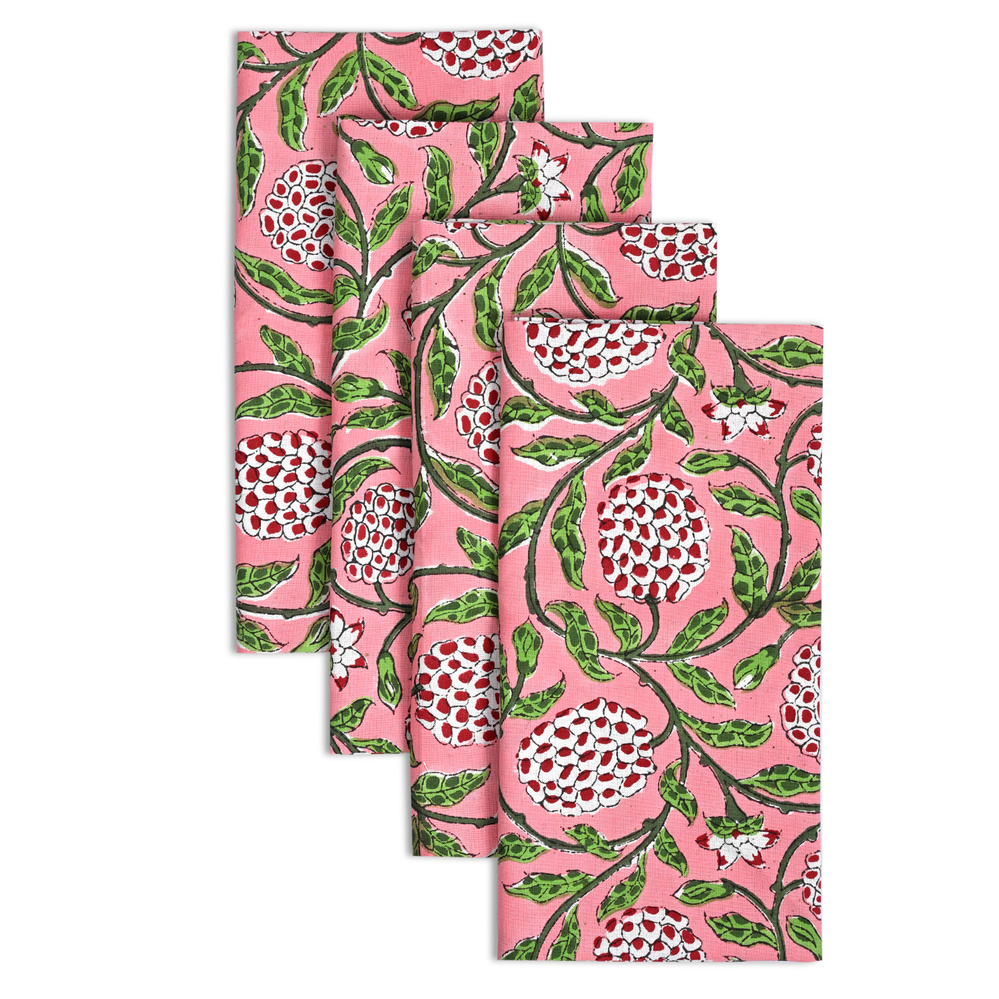 Set of three pink patterned napkins with floral design on a white background