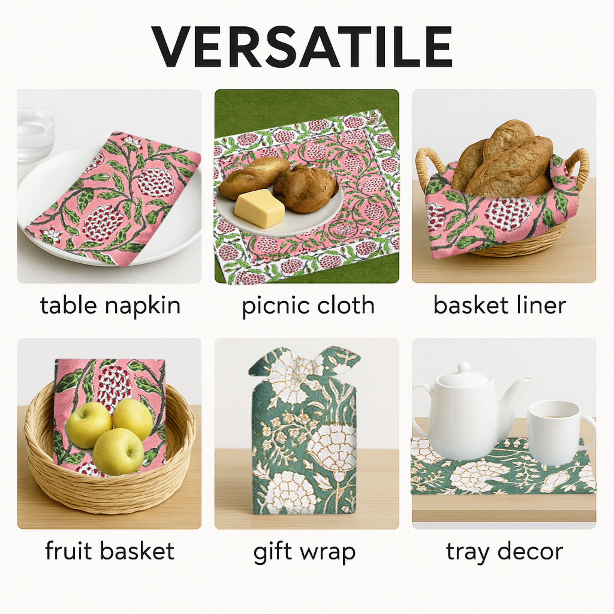 Versatile tableware products including a table napkin, picnic cloth, basket liner, fruit basket, gift wrap, and tray decor with floral patterns.