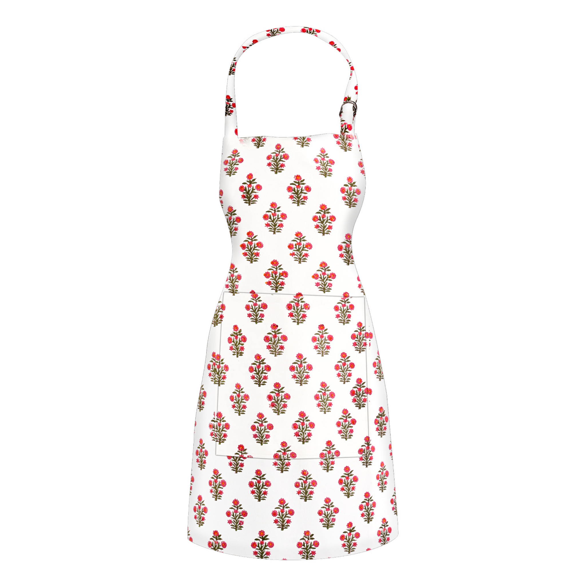 White dress with red floral pattern on a white background
