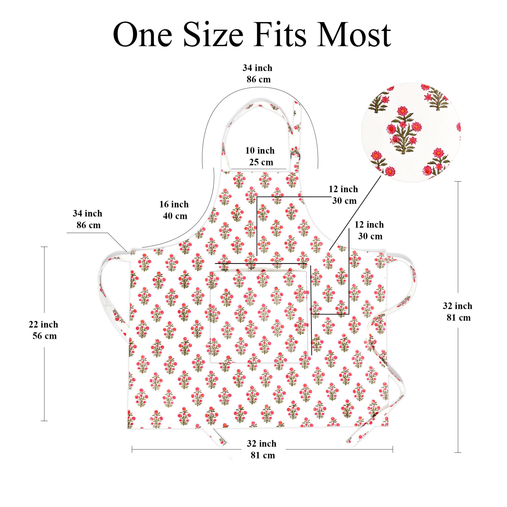 Measurement chart of a floral apron with dimensions labeled.