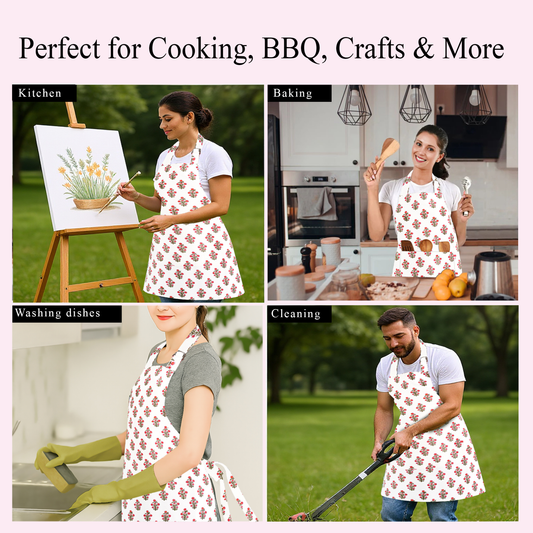 Collage of people wearing aprons in various activities with text 'Perfect for Cooking, BBQ, Crafts & More'.