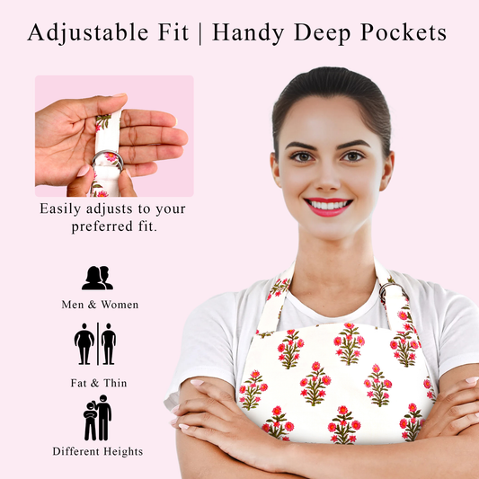 Woman wearing a floral apron with text highlighting adjustable fit and deep pockets.