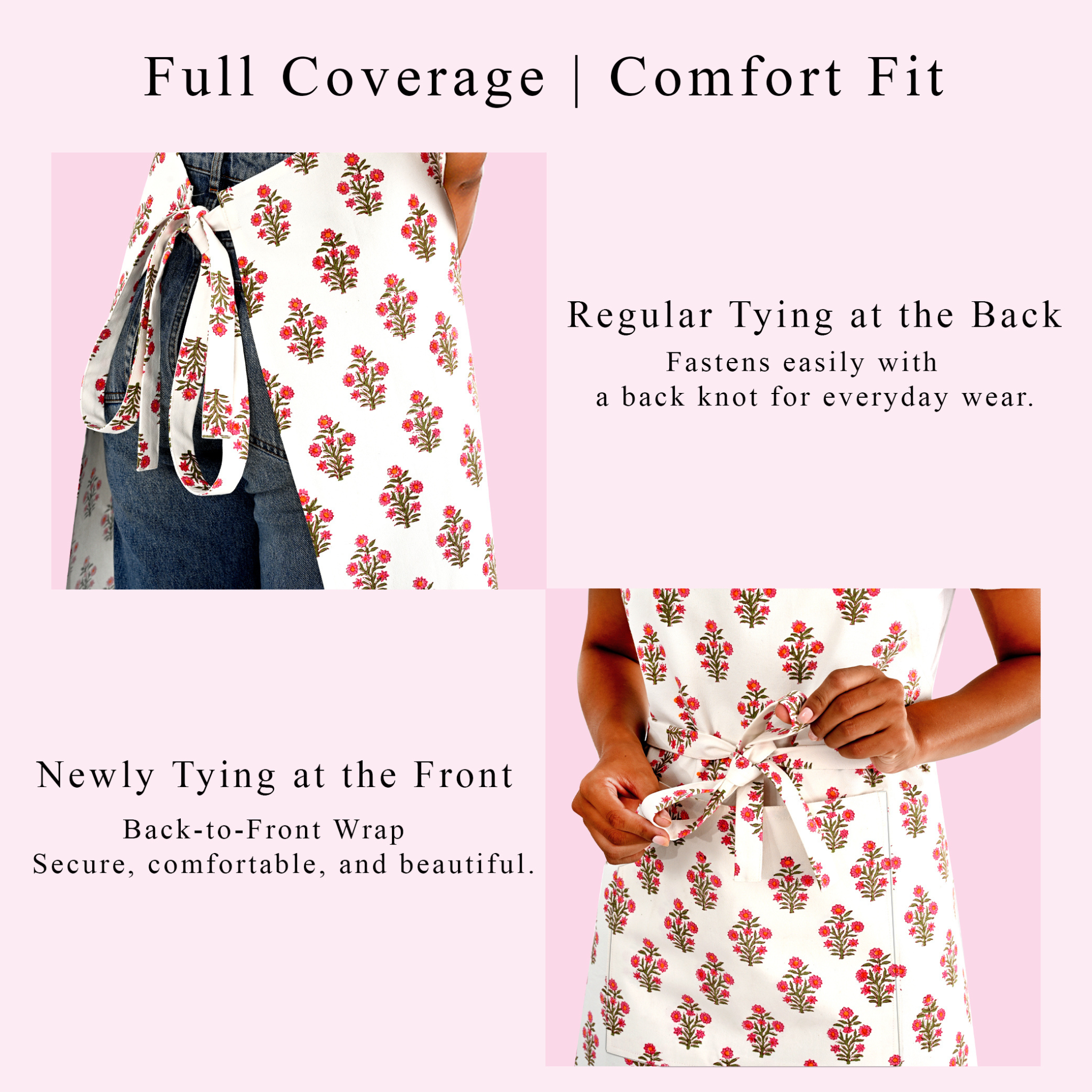 Dress with floral pattern and text describing tie styles on a pink background