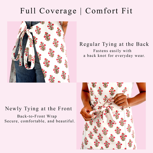 Dress with floral pattern and text describing tie styles on a pink background