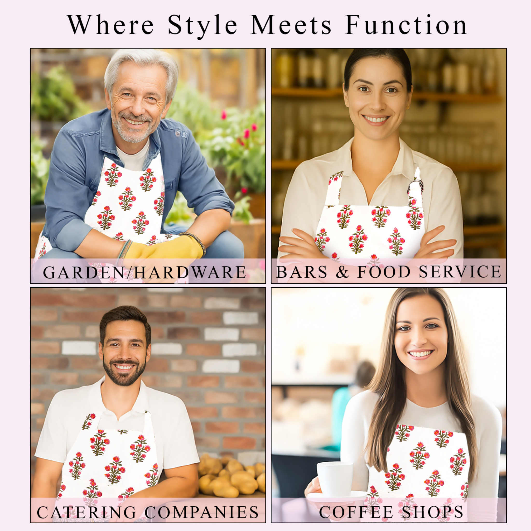 Collage of people wearing aprons with floral designs in various settings.