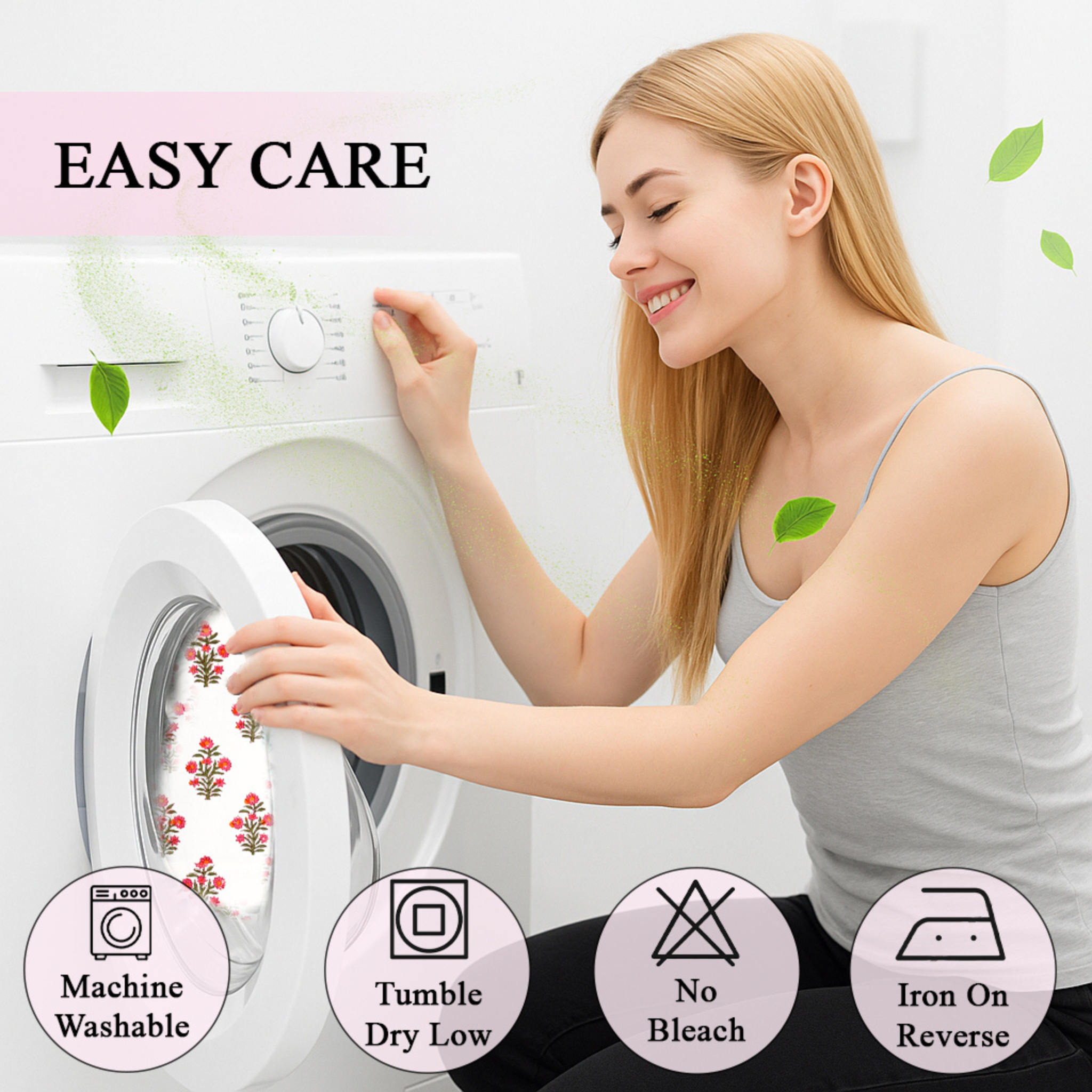 Woman interacting with a washing machine with 'Easy Care' text and icons.