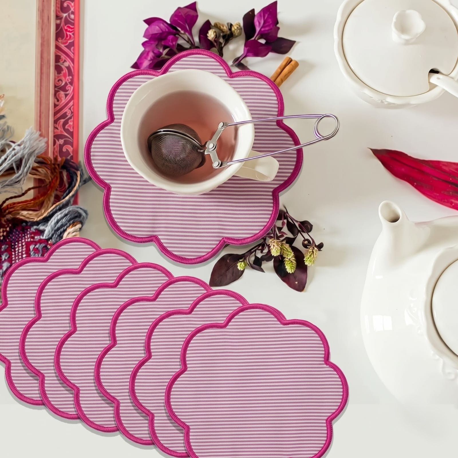 Hand Block Print Cotton Drink Coaster - Taffy Pink Stripe RIDHI