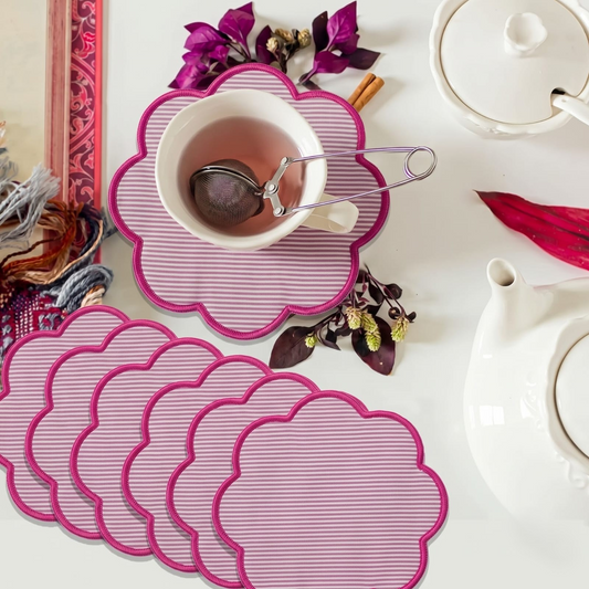 Hand Block Print Cotton Drink Coaster - Taffy Pink Stripe RIDHI