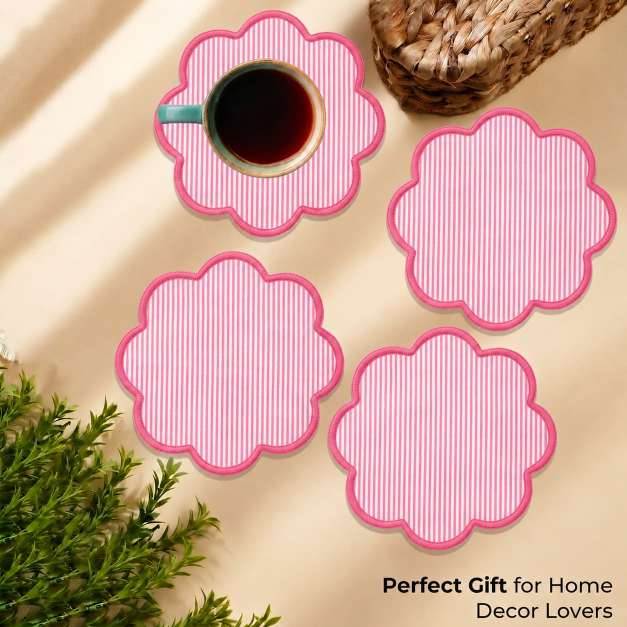 Hand Block Print Cotton Drink Coaster - Taffy Pink Stripe RIDHI