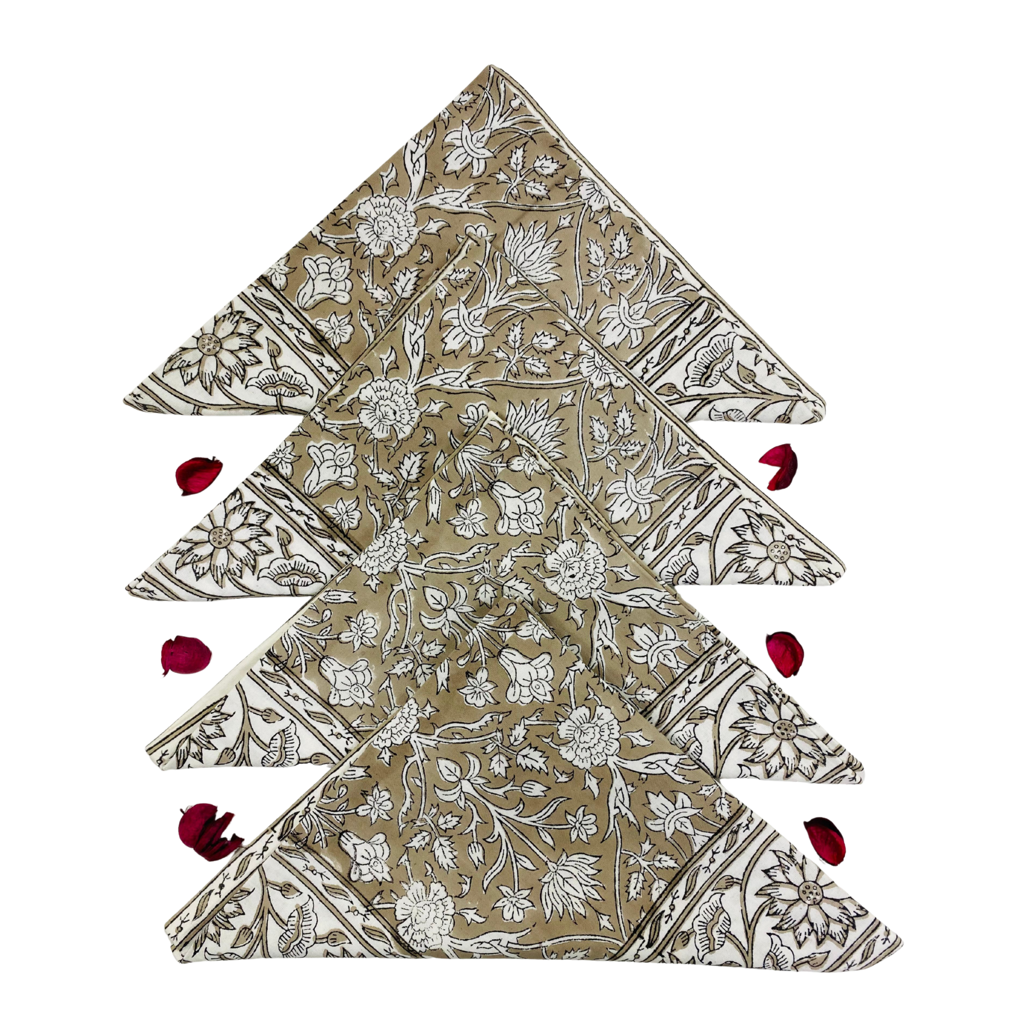 Set of floral-patterned napkins arranged in a decorative manner on a white background.