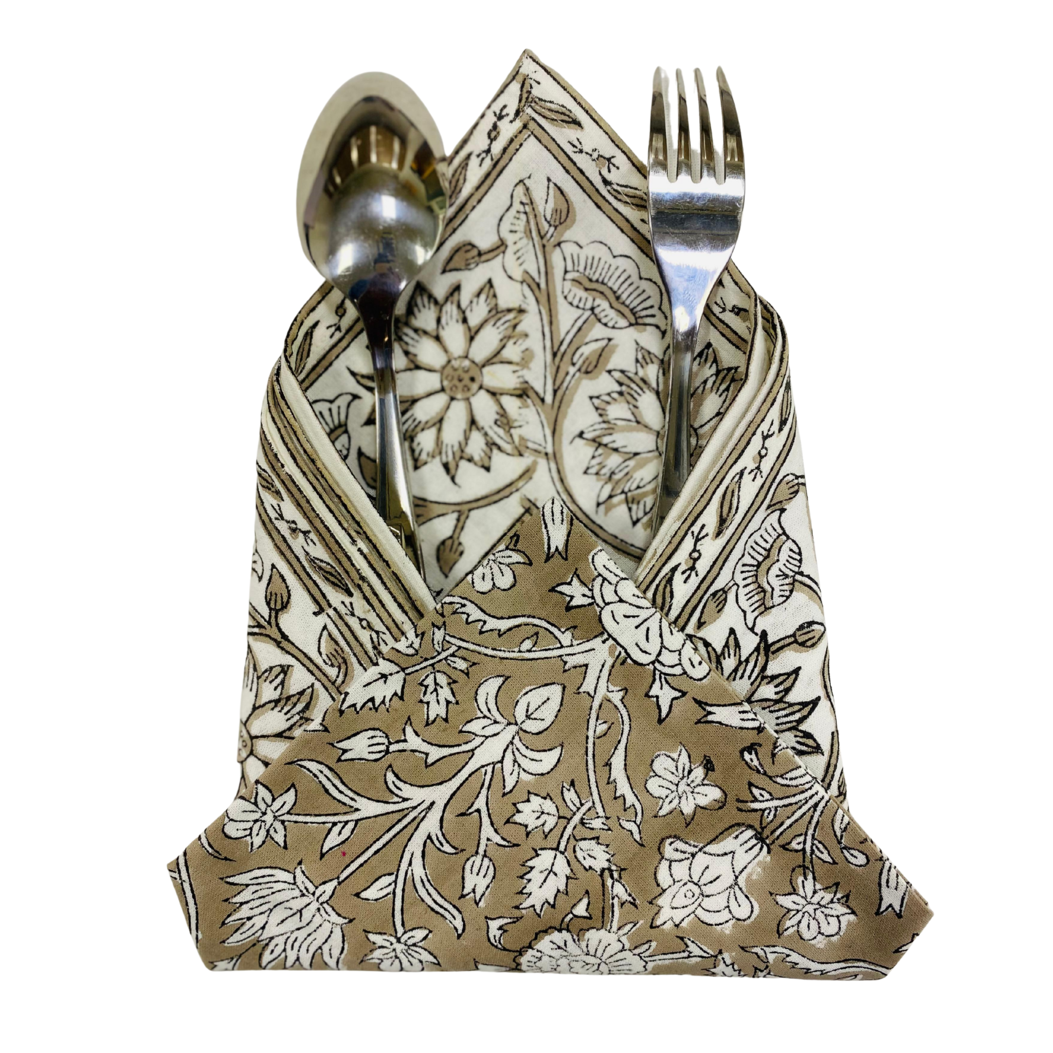 Floral-patterned napkin with a spoon and fork on a white background