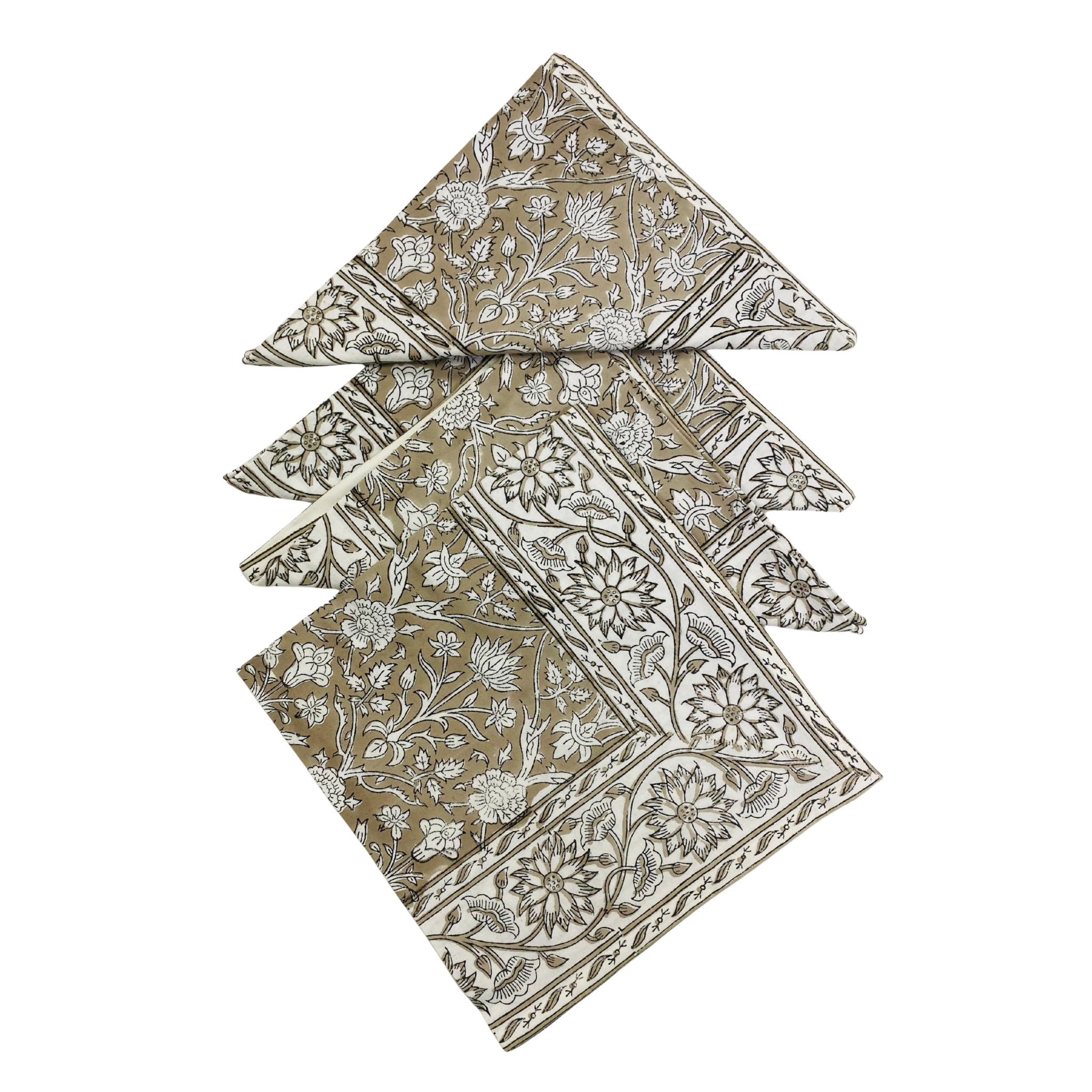 Set of four floral patterned napkins on a white background