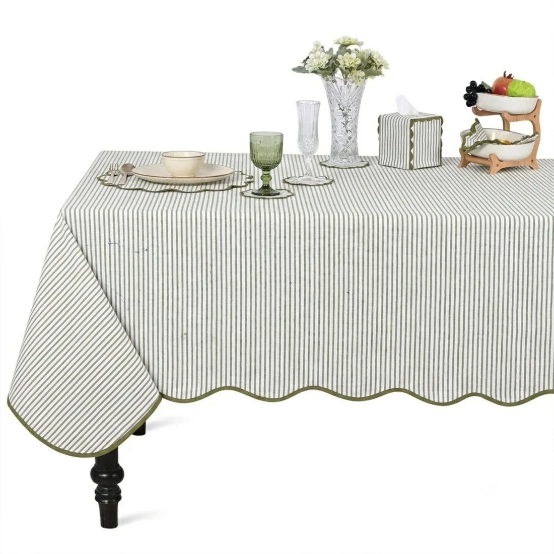 Block Print Cotton Scallop Tablecloth - Sage Green Stripe