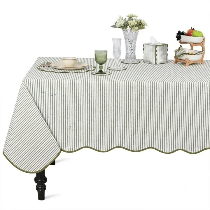 Block Print Cotton Scallop Tablecloth - Sage Green Stripe