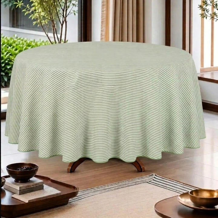 Sage Green Stripe With Green Scallop Pipping Round Tablecloth