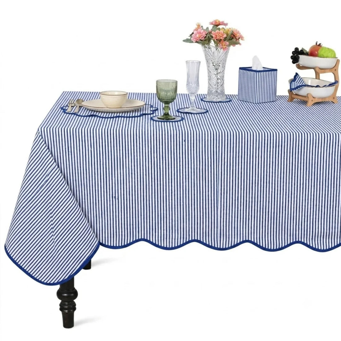 Block Print Cotton Scallop Tablecloth - Navy Blue Stripe