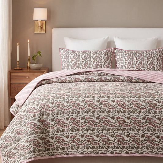 Coral Pink Quilt Ridhi Block Print