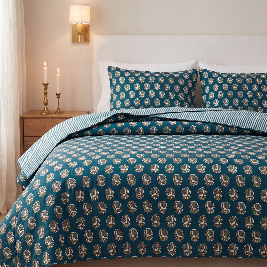 Peacock Blue Quilt Ridhi Block Print