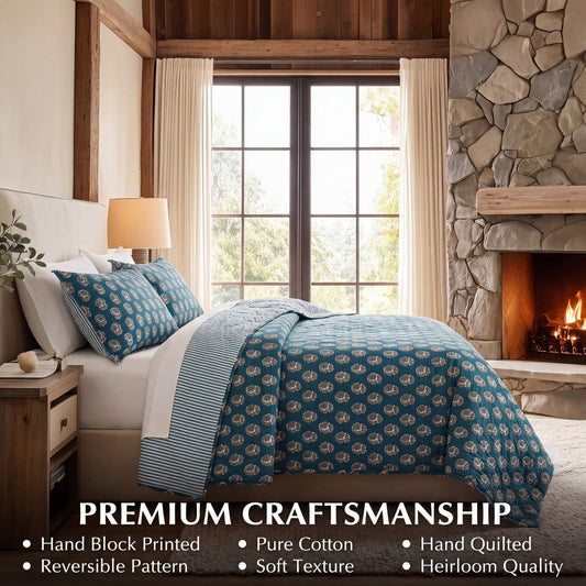 Peacock Blue Quilt Ridhi Block Print